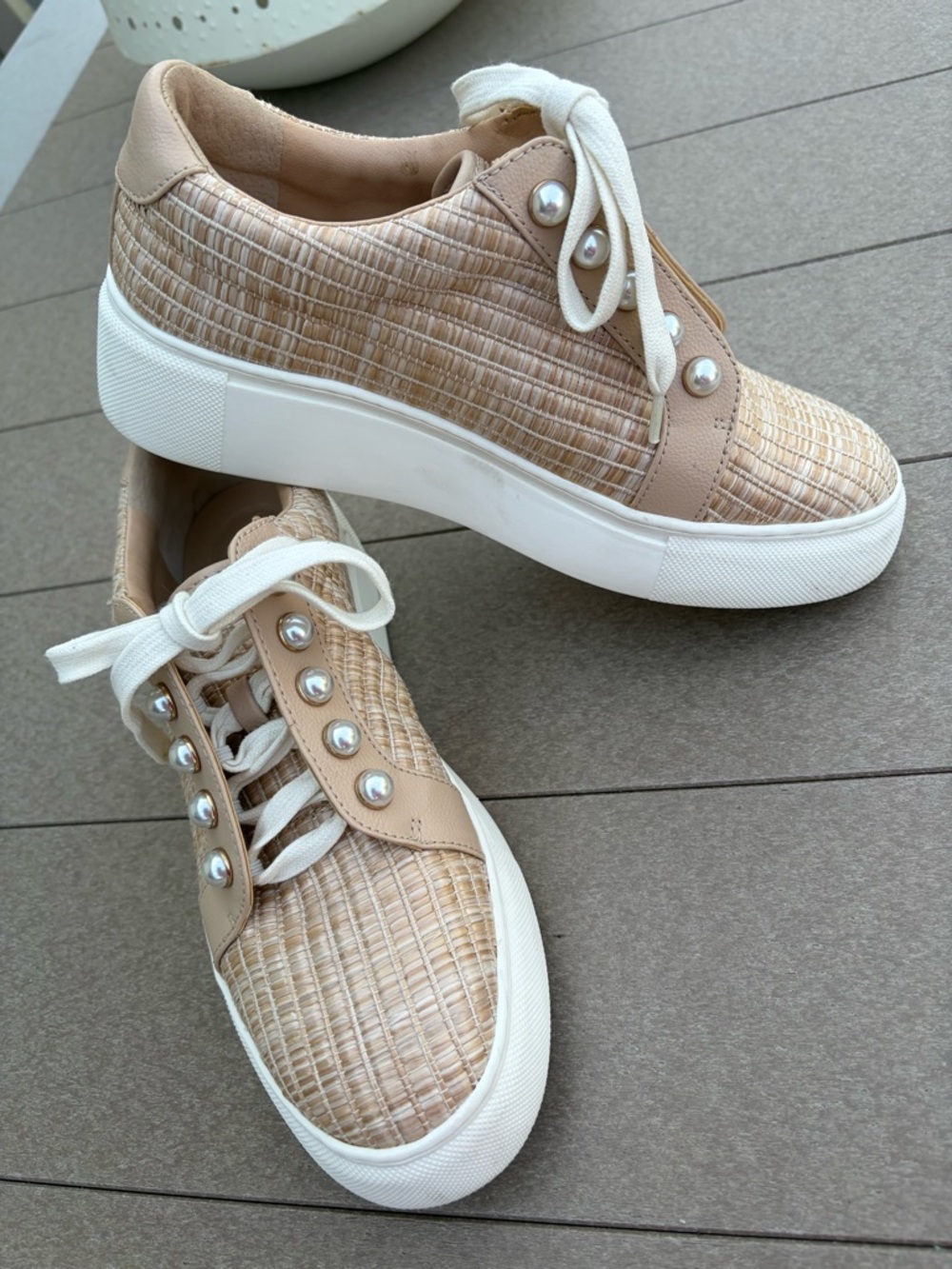 Alex Marie Beige Woven Platform Sneakers with Pearl Eyelets-Size 7.5